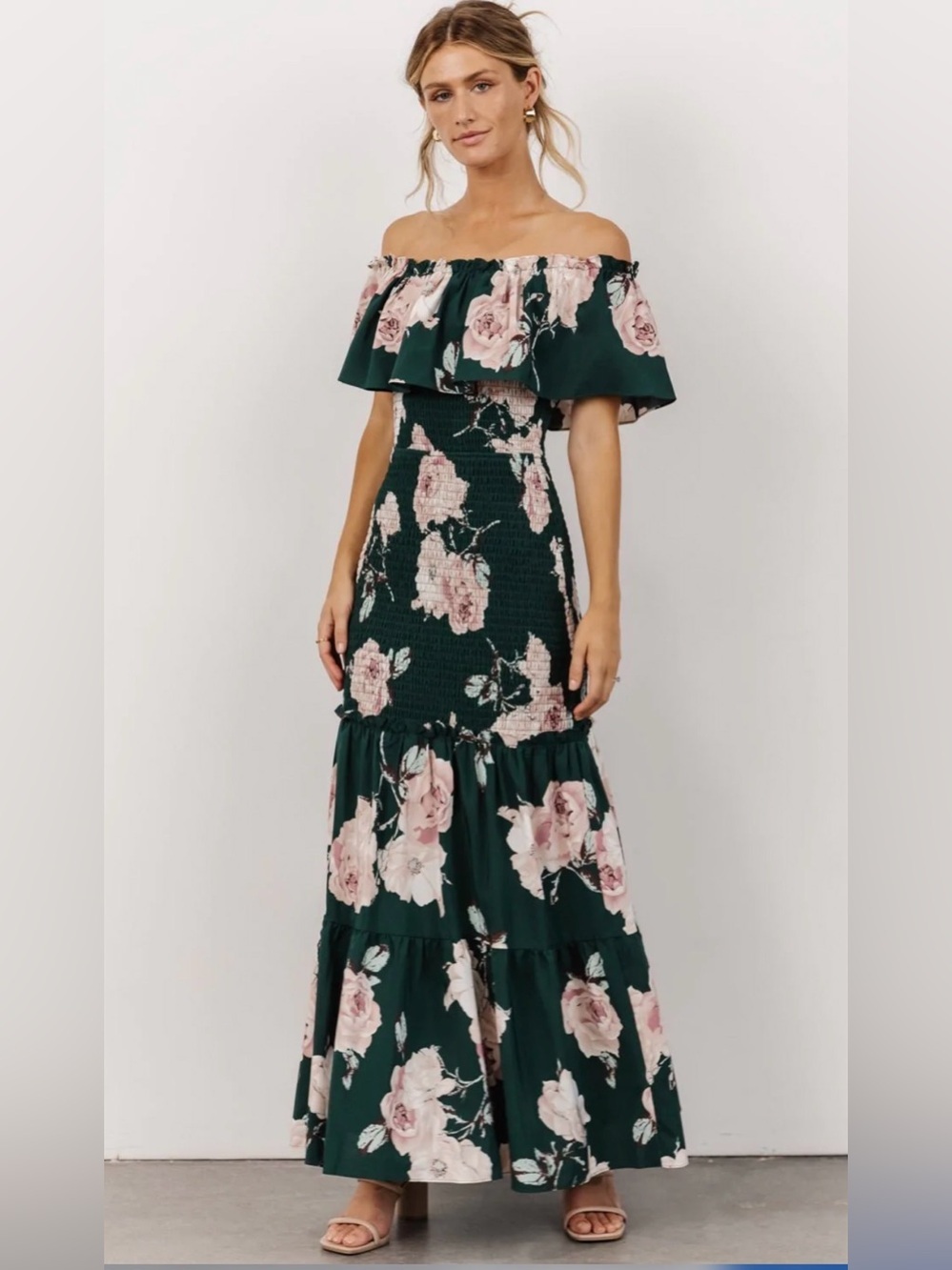 NEW Baltic Born Amalfi Smocked Maxi Dress.Dark green/ pink floral Large